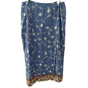 Talbots Vintage Blue Dark Red Tan Floral Faux Wrap Maxi Skirt Women's Size 14
